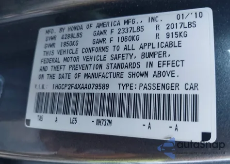 2010 Honda Accord 2.4 Lx-P z USA, uszkodzony, nr VIN 1HGCP2F4XAA079589
